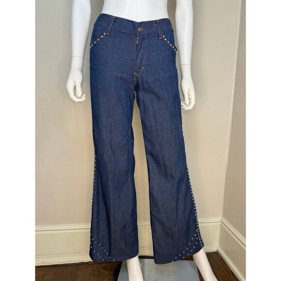 Vintage 1970s Flare Leg Studded Jeans, The Lemon Frog Shop, Sears, 29x30.5, Low - Picture 3 of 8
